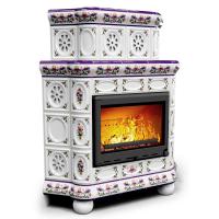 КимрПечь Изразцовый камин Медальон угловой двухъярусный Ирисы (топка: Ладья-700)